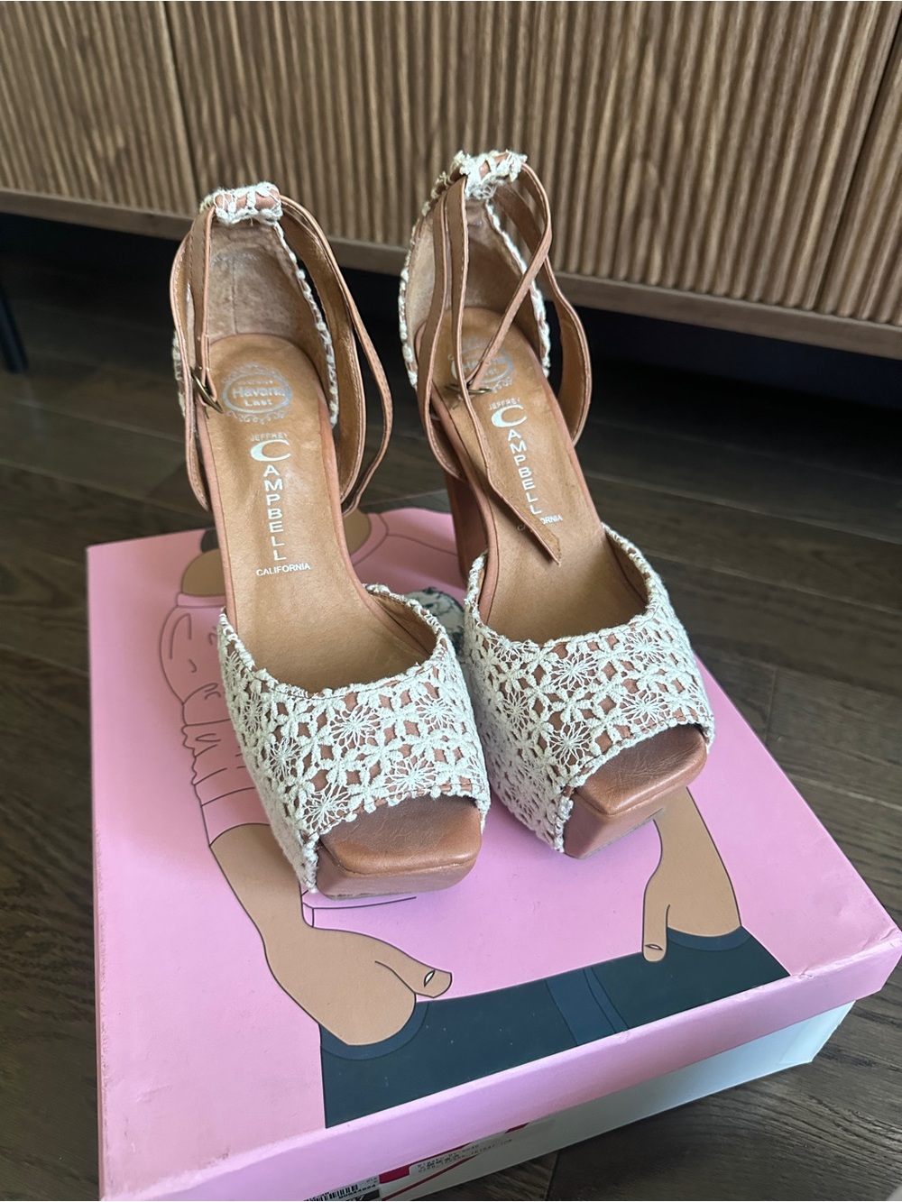 Jeffrey Campbell White Crochet & Tan Leather Platform Sandals